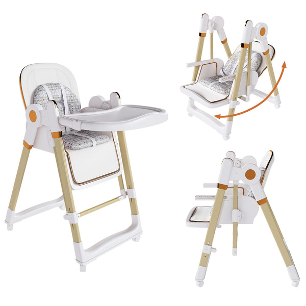 English Elm Convertible Baby High Chair to Rocker with 5-Point Harness, Foldable Feeding Seat, Quiet Wheels, Easy-Clean Tray and Adjustable Recline for Infants and Toddlers White W2699P371974