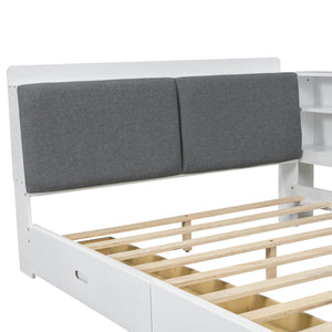 English Elm Wood Full Size platform bed with storage headboard, built-in shelves and drawers, sturdy pine frame, compact solution for small rooms White GX002054AAK