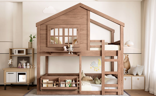 English Elm Full Bunk Bed with Trundle Bookshelf Storage Pine Frame Car Design for Kids W1580S00521