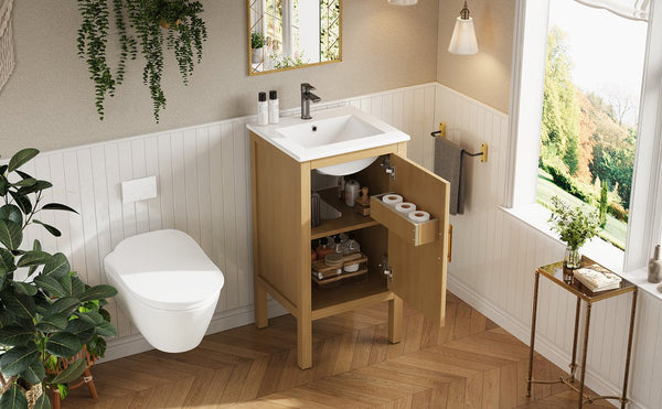 English Elm 18" Pine and Mdf Bathroom Vanity with Ceramic Basin Soft Close Hinged Cabinet N710P426321P