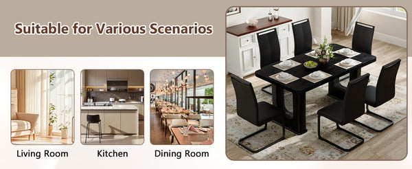 English Elm Table 7-Piece Dining Set: Stylish Black Wood & Glass Finish With 6 Comfortable Pu Chairs & Arched Legs W1151S04305-GIGA