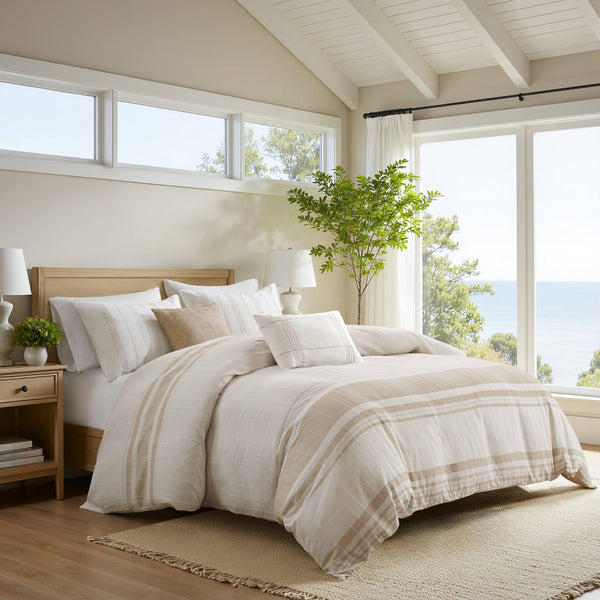 JLA Home Harbor House Blue - 5 Cotton Jacquard Duvet Set with Textured Stripes, Blue Accent, OEKO‑TEX, Hypoallergenic Pillows, Machine Washable 106 L x 90 W x 0.13H HH12-1992