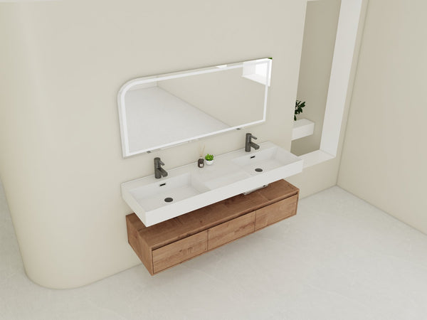 English Elm 60 Inch Wall-Mounted Modern Bathroom Vanity With Dual Resin Sinks, Soft Close Drawers & Chic Design W999S00356