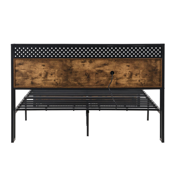 English Elm Queen Metal Platform Bed Frame with Wooden Headboard & Footboard, USB/Outlets, LED Remote, 2 Drawers, 600LB Limit, Black-Brown W2297P236942