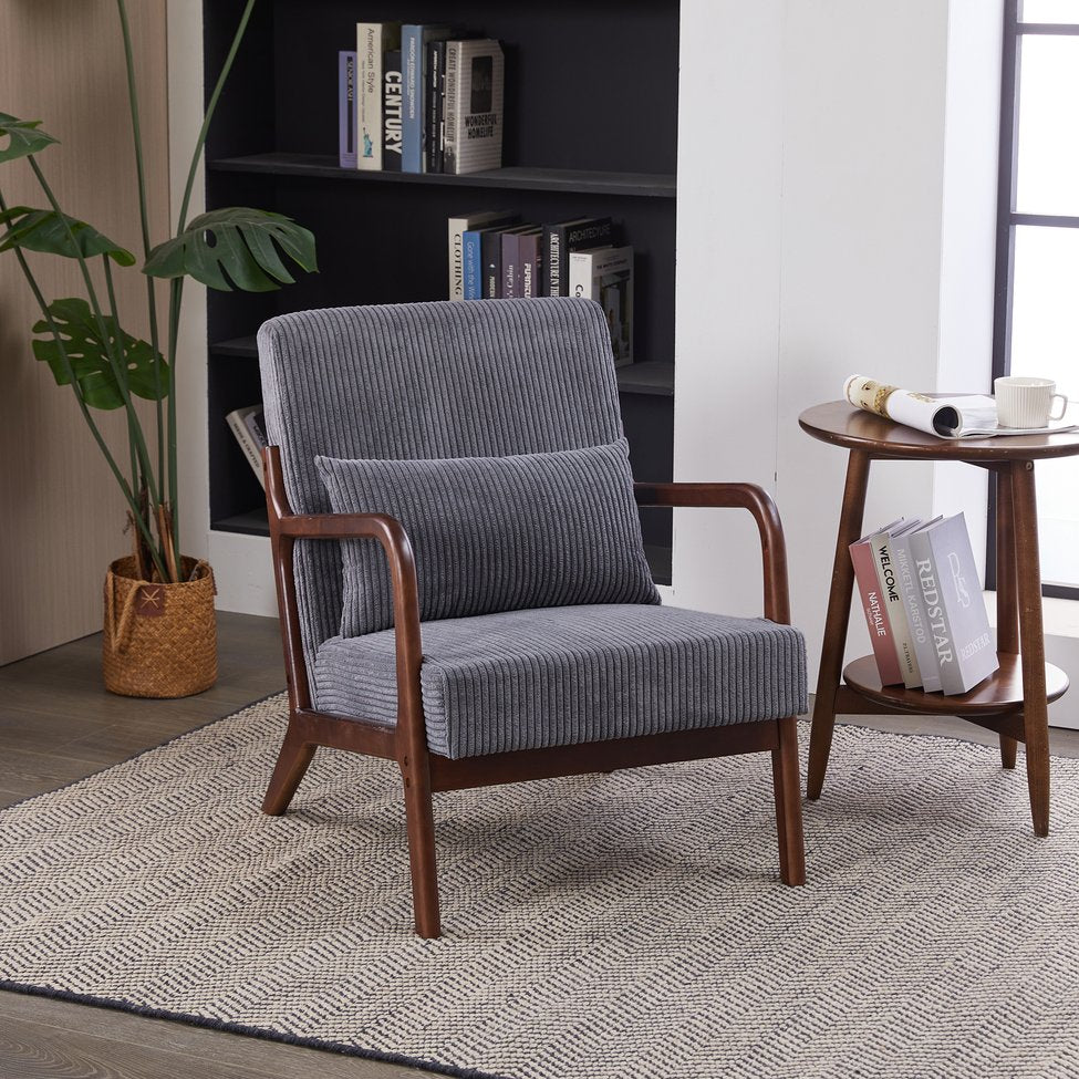 English Elm Mid-Century Upholstered Accent Chair Antique Dark Grey — Ergonomic Solid Wood Frame, Cozy Pillow Seat W2989P295372