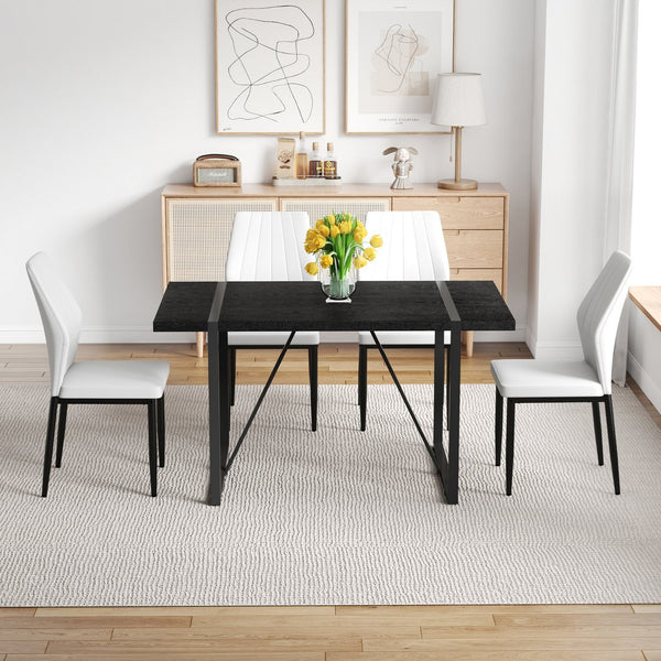 English Elm Black Faux Wood Grain Rectangular Dining Set with Shell Pattern Upholstered Chairs White+Black W1151S04366