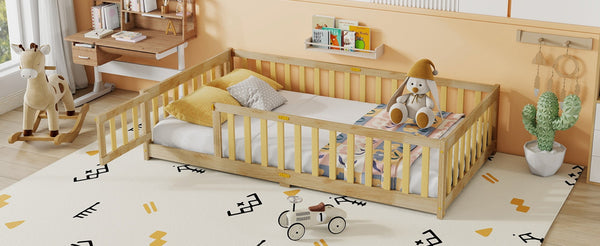 English Elm Twin Size Floor Bed With Safety Fence And Door – Eco-Friendly Rubber Wood, Low-Profile Design For Kids W504P286374-GIGA