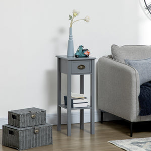 English Elm HOMCOM Narrow 2-Tier Side Table with Drawer and Elevated Shelf — Slim Accent End Table, Sturdy Storage Grey W2225P200908
