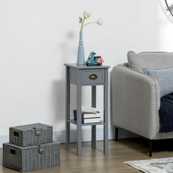English Elm HOMCOM Narrow 2-Tier Side Table with Drawer and Elevated Shelf — Slim Accent End Table, Sturdy Storage Grey W2225P200908