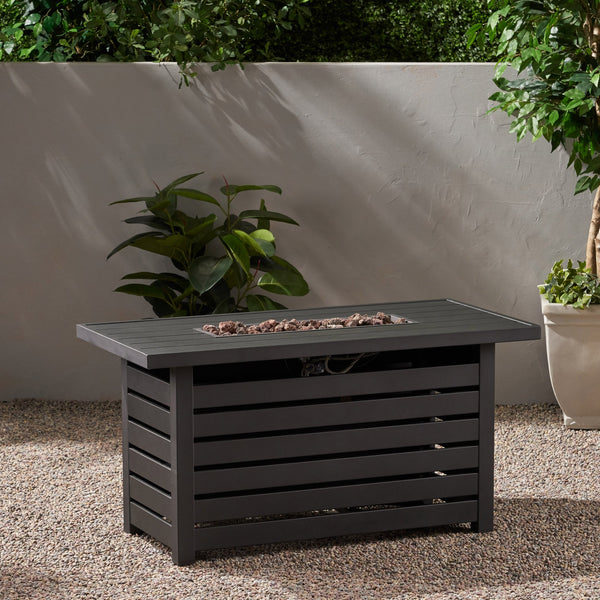 English Elm Rectangular Iron Propane Fire Table with Hidden Tank Storage and 30000 Btu Output 66597.00BLK-30K