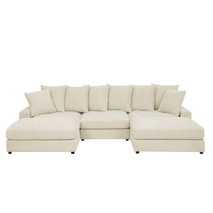 English Elm Reversible Corduroy Sectional with Ottoman Foam Cushions and Contrast Stitching Ivory B343S00049