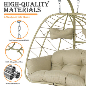 English Elm 2-person Wicker Egg Hanging Chair with Canopy Steel Stand Outdoor Patio Swing T5880P502248