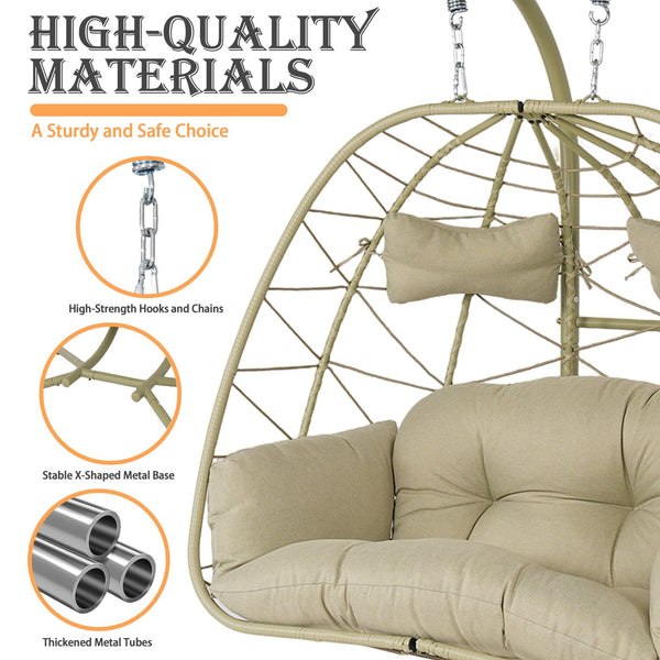 English Elm 2-person Wicker Egg Hanging Chair with Canopy Steel Stand Outdoor Patio Swing T5880P502248
