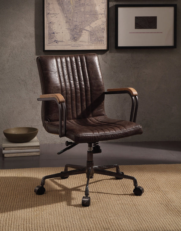 English Elm Joslin Distress Chocolate Top Grain Leather Executive Office Chair — High Back, 360° Swivel, Adjustable Height, Metal Base B2726P386519