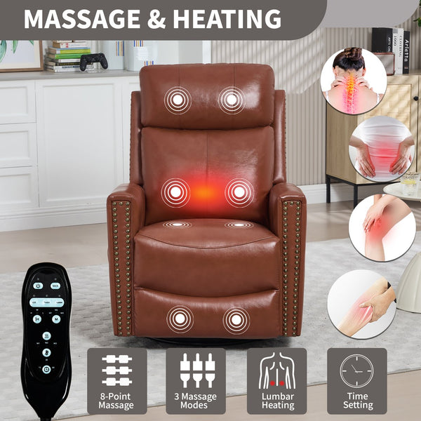 English Elm Red Genuine Leather Swivel Rocker Recliner with Massage Heat for Living Room W1803P323709