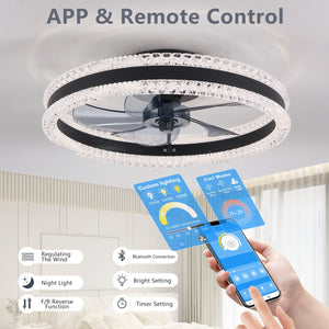 English Elm 20" Luxury Double Ring LED Ceiling Fan with Crystal Flush Mount, Hidden Blades, Dimmable Remote & App Control Black W2312P368710