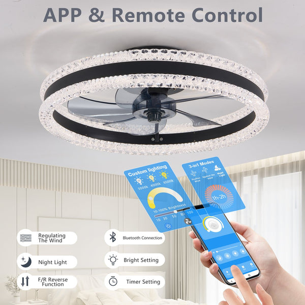English Elm 20" Luxury Double Ring LED Ceiling Fan with Crystal Flush Mount, Hidden Blades, Dimmable Remote & App Control Black W2312P368710