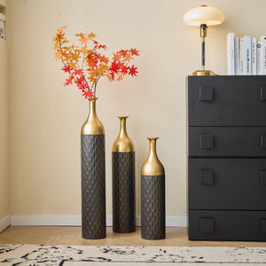 English Elm Black Black and Gold Metal Vase Set of 3 Tall Cylinder Floor Vases – Glam Textured Wedding & Home Décor W2796P278078