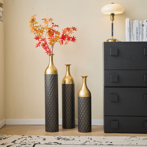 English Elm Black Black and Gold Metal Vase Set of 3 Tall Cylinder Floor Vases – Glam Textured Wedding & Home Décor W2796P278078