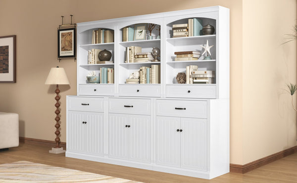 English Elm White Bathroom Storage Cabinet with Zinc Knob Doors, 4 Drawers, 6 Open Shelves & Adjustable Tiers for Organized Space (63"x10.8"x78.7") N725S252486K