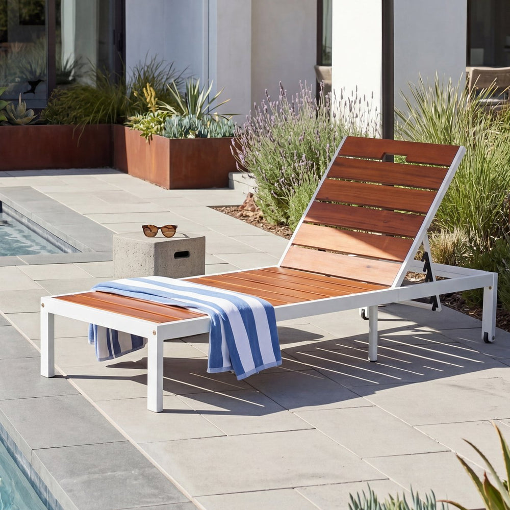 English Elm Outdoor Acacia Wood Slat Chaise Lounge with Powder Coated Frame for Patio Resort Brown,White N719P383161K