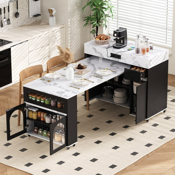 English Elm Trexm Rolling Kitchen Island Extendable Marble Top Cabinet Drawers Power Outlet Black,White Marble XW000029AAB