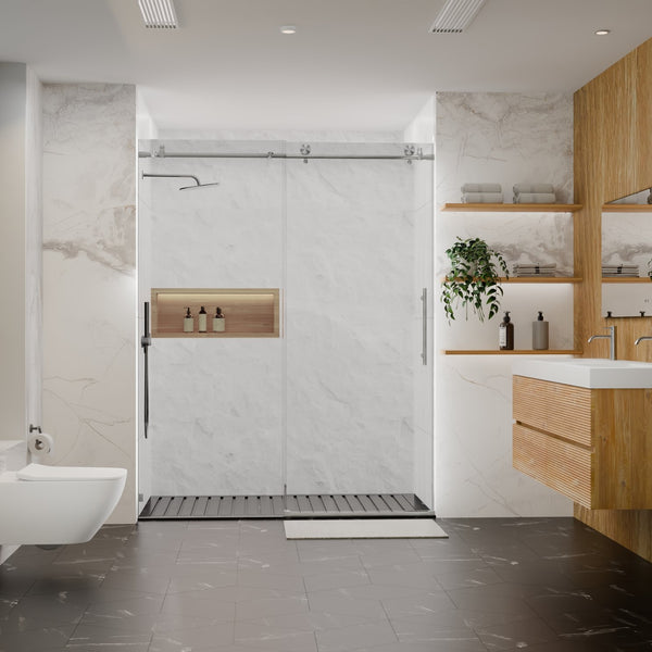 English Elm 56-60"W Frameless Sliding Shower Door with 5/16" Tempered Glass, Smooth Whisper-Quiet Rollers, Easy-Clean Coating Brushed Nickel W1865S00163