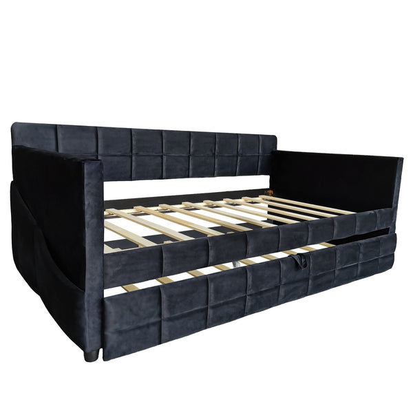 English Elm Modern Velvet Twin Daybed with Pull Out Trundle and Built in Armrest Storage Pockets Black SF000200AAB