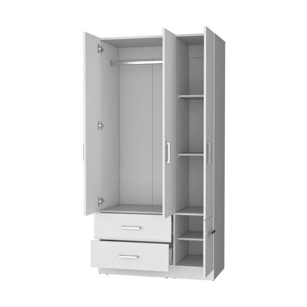 English Elm Douglas Melamine Armoire White – 4-Door Wardrobe with 2 Drawers, Hanging Rod, Durable Bedroom Storage B128S00010
