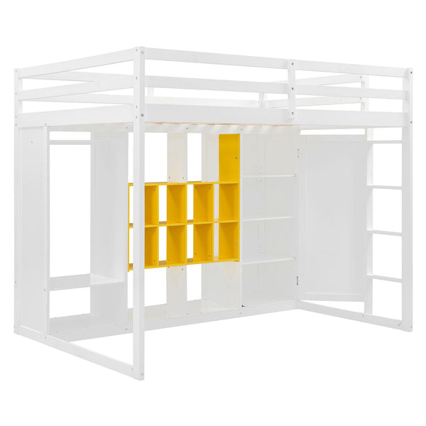 English Elm Twin Loft Bed with Wardrobe Shelves and Cabinet Kids Bedroom Wood Storage Frame Yellow+White N708S00024K