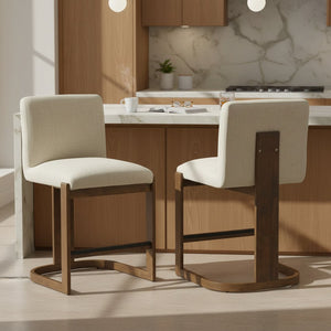 English Elm Modern Linen Upholstered Counter Stools Set of 2 with Rubberwood Legs for Kitchen Island Beige,Walnut N762P395711D
