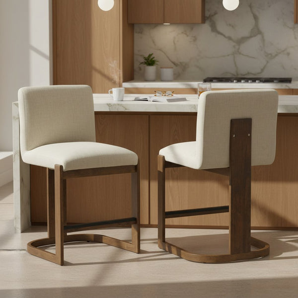 English Elm Modern Linen Upholstered Counter Stools Set of 2 with Rubberwood Legs for Kitchen Island Beige,Walnut N762P395711D