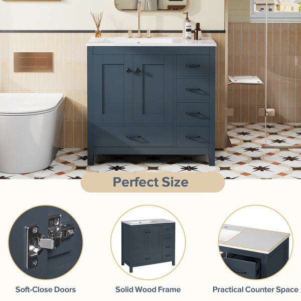 English Elm 36" Blue Bathroom Vanity with Ceramic Sink, 5 Drawers & Soft-Close Doors, Solid Wood Modern Storage N729P183735C