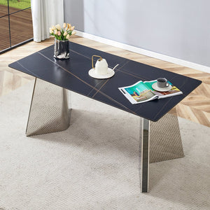 English Elm 63"x31.5x30" Marble Slab Rectangular Dining Table with Sculptural Butterfly Stainless Legs Black,Silver W1151S04576