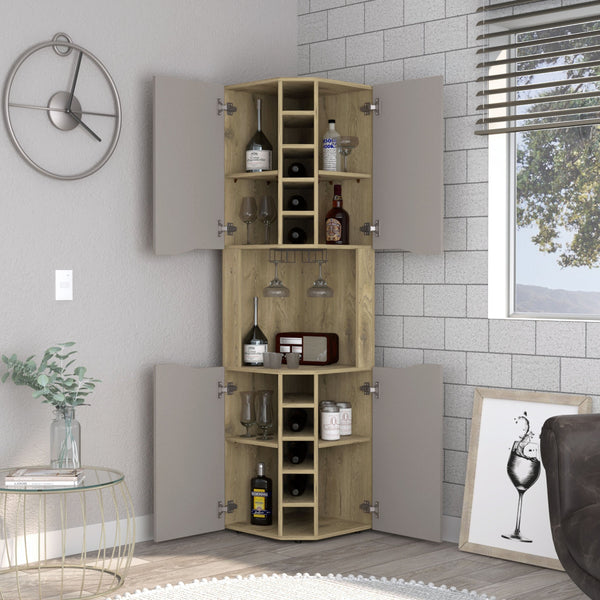 English Elm Corner Bar Cabinet with Ten Built-In Wine Slots, Cup Rack & Spacious Top Shelf for Entertaining Multicolor 48 L x 21 W x 3 H B097S00131
