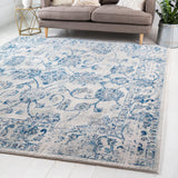 Unique Loom Tradition Bluebell Machine Made Floral Rug Beige, Gray/Navy Blue/Turquoise 8' 4" x 8' 4"