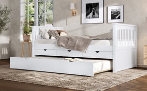 English Elm Twin Solid Wood Platform Bed with Trundle and Two Drawers, White Daybed for Kids Guests Off White W1580S00262