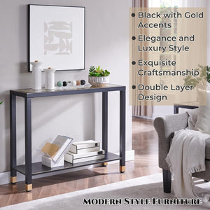 English Elm Glass Console Table Two Tier Tempered Shelf Narrow Foyer Entryway Gold Metallic Frame Black+Gold W3587P456228