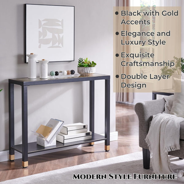 English Elm Glass Console Table Two Tier Tempered Shelf Narrow Foyer Entryway Gold Metallic Frame Black+Gold W3587P456228