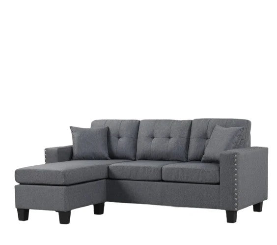 English Elm Modern Gray Linen Sectional with Reversible Chaise Nailhead Trim Tufted Cushions B2771P498530