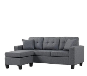 English Elm Modern Gray Linen Sectional with Reversible Chaise Nailhead Trim Tufted Cushions B2771P498530
