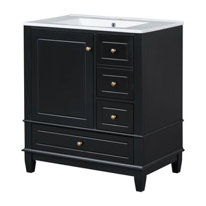English Elm Christopher Knight Home® - 30" Freestanding Bathroom Vanity with Ceramic Sink, Soft-Close Door, Gold Knobs & 3 Drawers, Durable Painted Finish Black N759P225994B