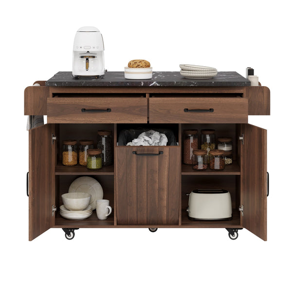 English Elm K&K Kitchen Island with Tilt-Out Trash Can, Drop Leaf Counter, Adjustable Shelf, Rolling Cart Walnut Brown WF326381AAZ
