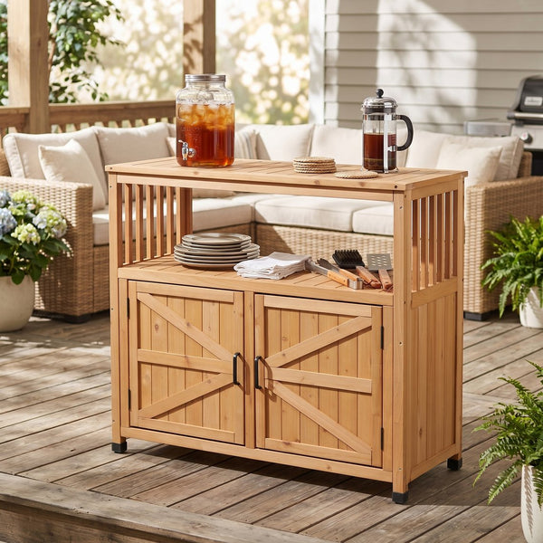 English Elm Wooden Solid Bar Height Buffet Cabinet with Slatted Panels for Patio or Dining Room W2640P330336