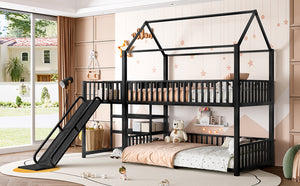 English Elm Full Metal House Bunk Bed with Slide Storage Stairs and Safety Rails for Kids W1580S00344