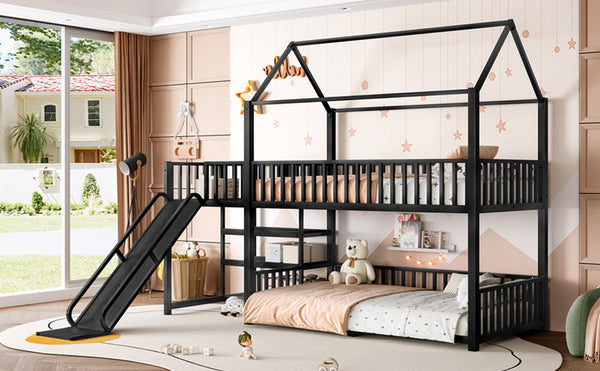 English Elm Full Metal House Bunk Bed with Slide Storage Stairs and Safety Rails for Kids W1580S00344