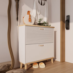 English Elm Shoes Storage Cabinet Slim Flip Door Entryway Organizer with Natural Wood Legs 16 Pairs W3166P268388