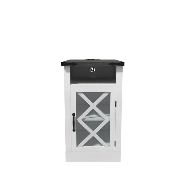 English Elm Farmhouse Nightstand with Charging Station, 15.4" Rustic Barn Door End Table, USB & AC Outlets, White T3609P332411