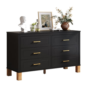 English Elm 6-drawer Solid Wood Dresser Mid-century Modern Gray Finish with Metal Bar Handles Black W1445P419756