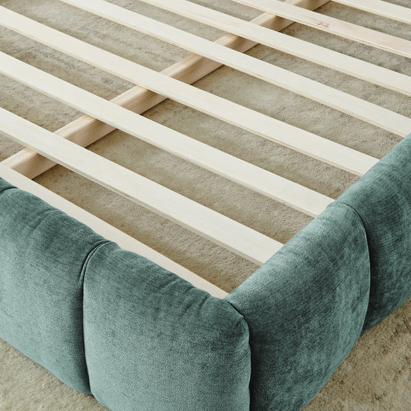 English Elm King Platform Bed Fully Upholstered in Plush Chenille with Low Profile Modern Frame Blue+Green W487S00466